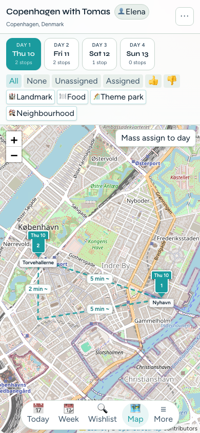 TripPapa Map view of Copenhagen Day 1 route