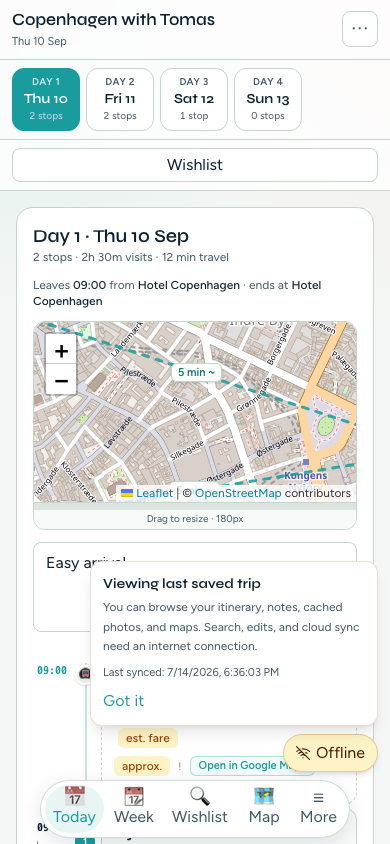 TripPapa offline mode on a phone — day plan still readable with Offline badge open
