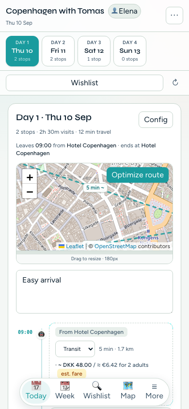 TripPapa Day Planner for Copenhagen with day tabs, map, and transit times