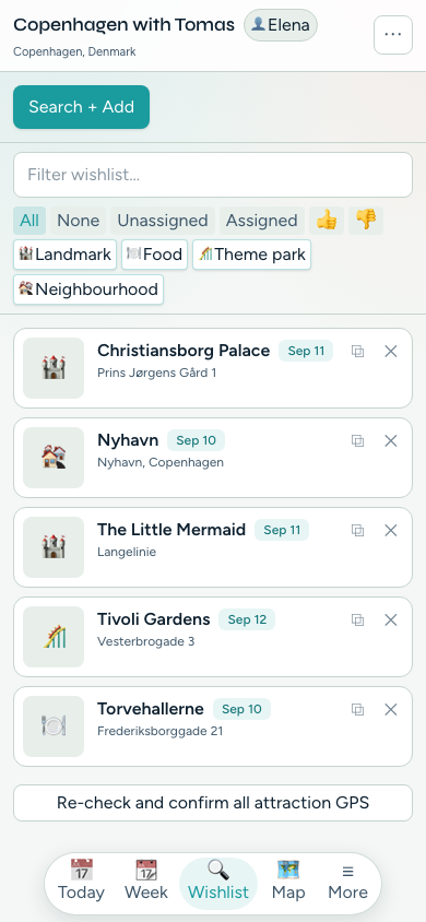 TripPapa Research view with Copenhagen wishlist